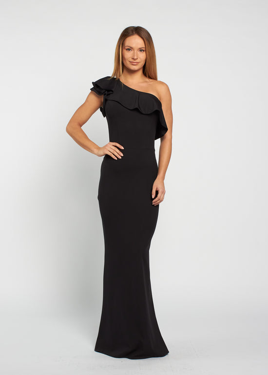 Félvállas fodros maxi ruha